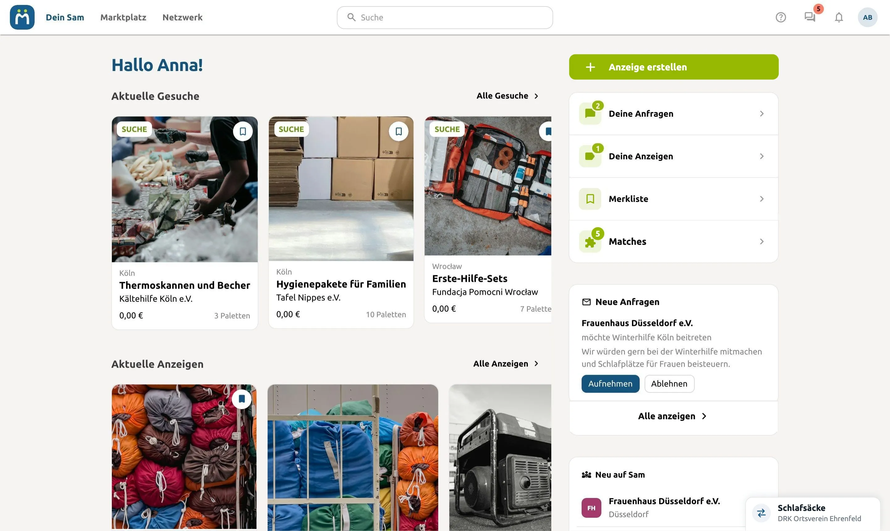 Dashboard: Ansicht in der HelloSAM-App